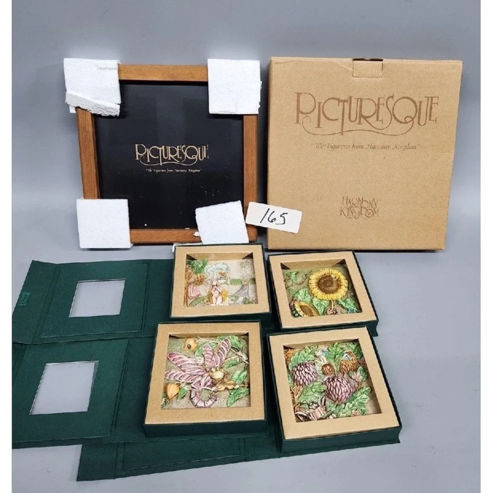 Harmony Kingdom Picturesque 4 Tile Wood Frame Set Fairy Sunflower Mantis Thistle